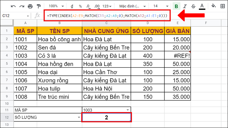 Kiểu dữ liệu số lượng của mã sản phẩm 1003 là kiểu văn bản